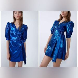 Zara metallic royal blue puffy sleeve wrap bow mini dress, M